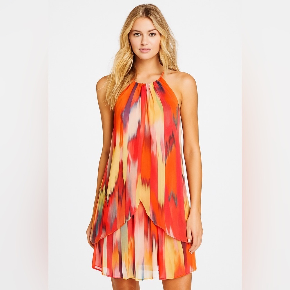 Bisou Bisou Watercolor Halter Neck Mini Dress Flowy Vacation Orange Yellow sz 8